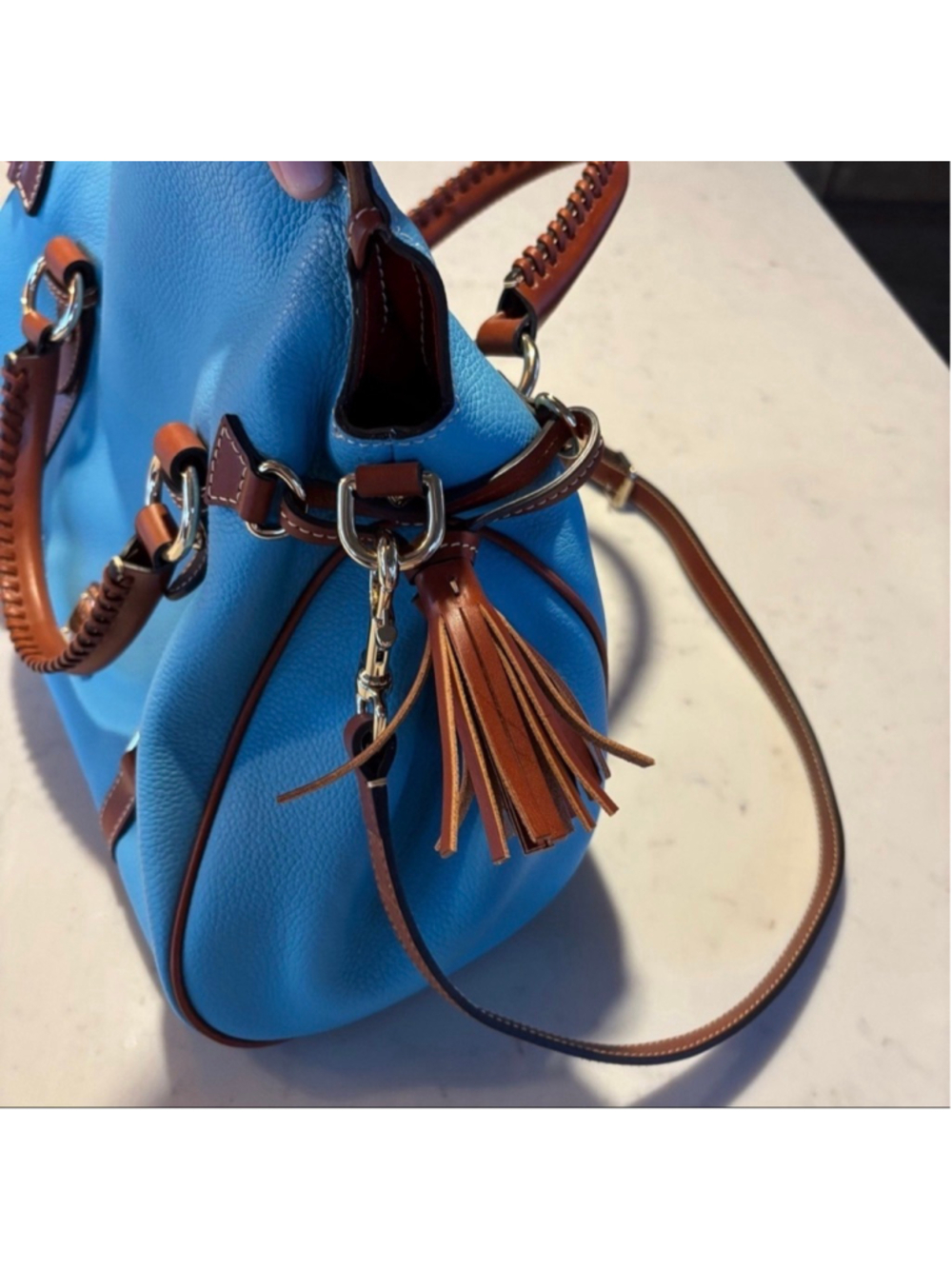 Dooney & Bourke Pebble Leather Large Satchel Sky Blue Brown Tassel Shoulder Bag - Picture 8 of 15